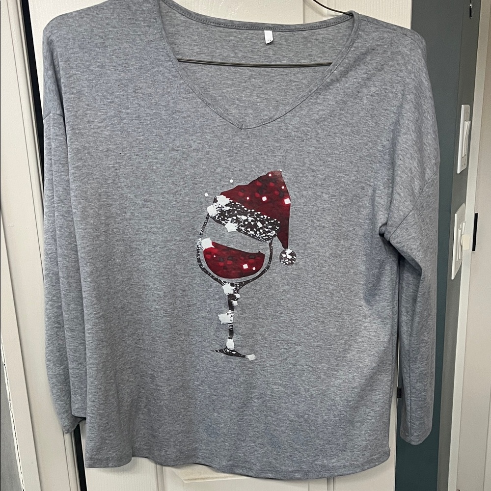 SHEIN Gray V-Neck Top with Red Wine Glass Design